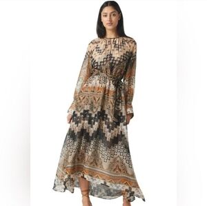 Misa Los Angeles Boho Southwestern Chiffon Belted Maxi Dress Mosaic Print NEW XS